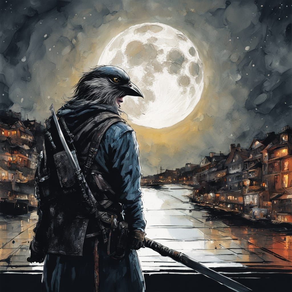 Vibrant Ninja Sparrow Under Moonlit Rooftop in Maximalist Di...