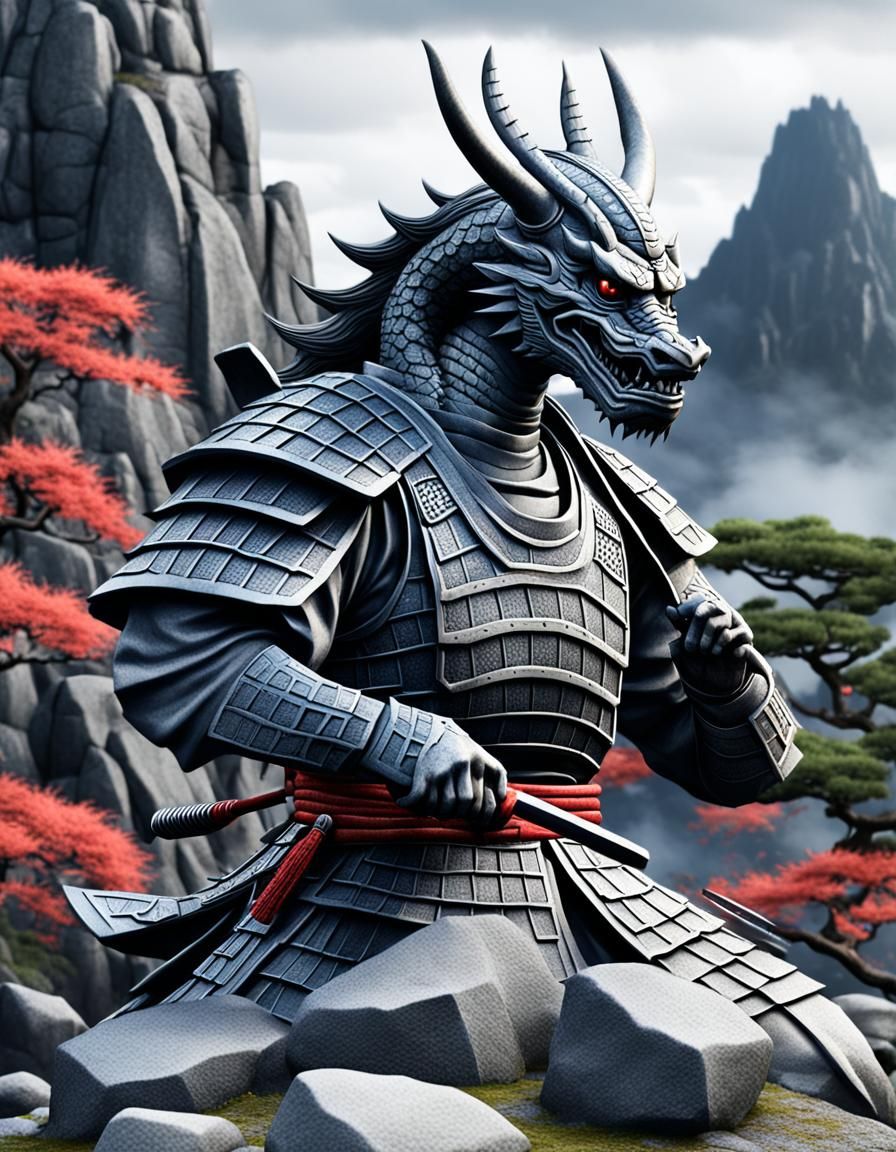 Samurai and Dragon in Stone Mountain, 3D Grayscale