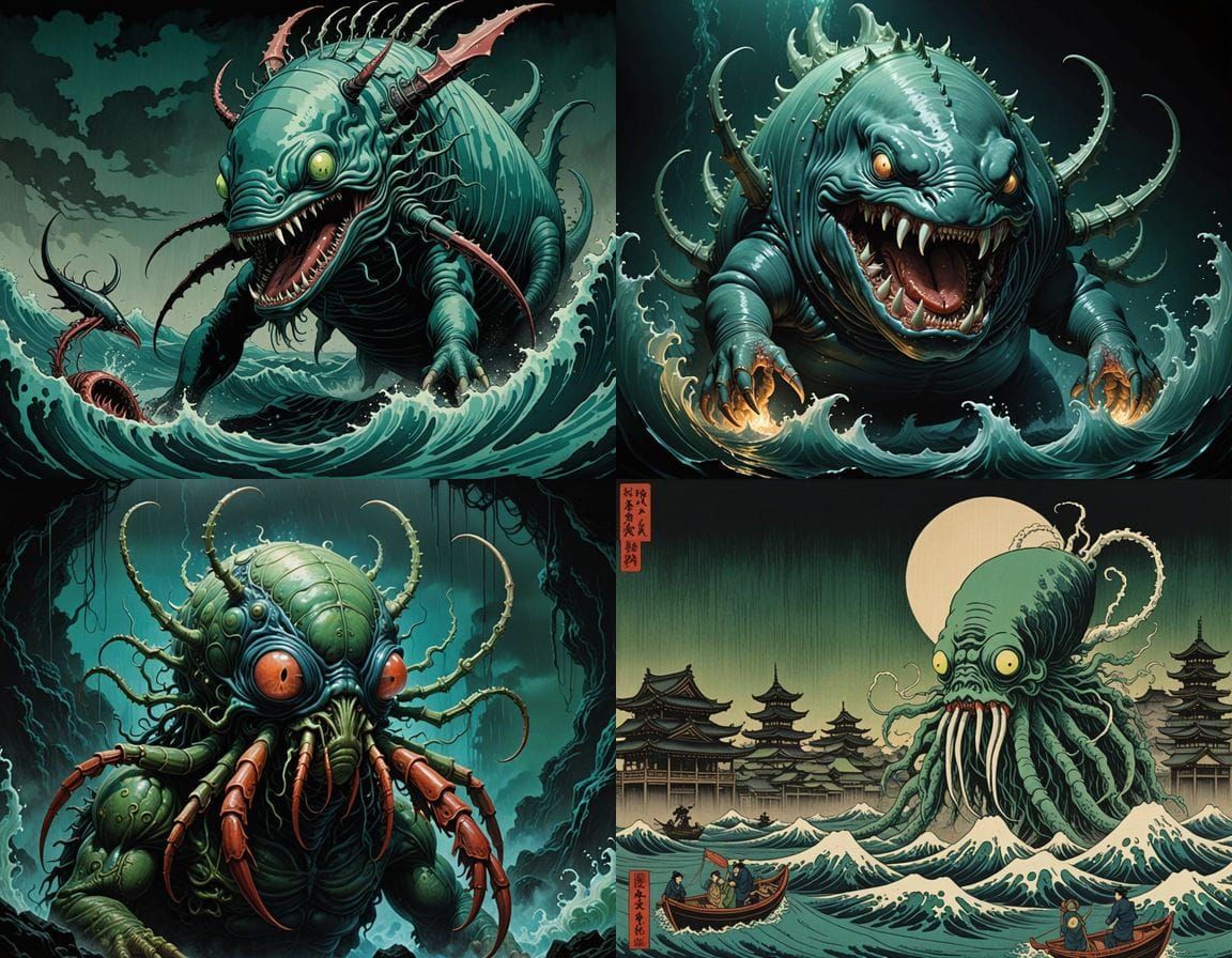 Ebirah Horror in Teal and Green: A Bizarre Ukiyo-e Monstrosi...