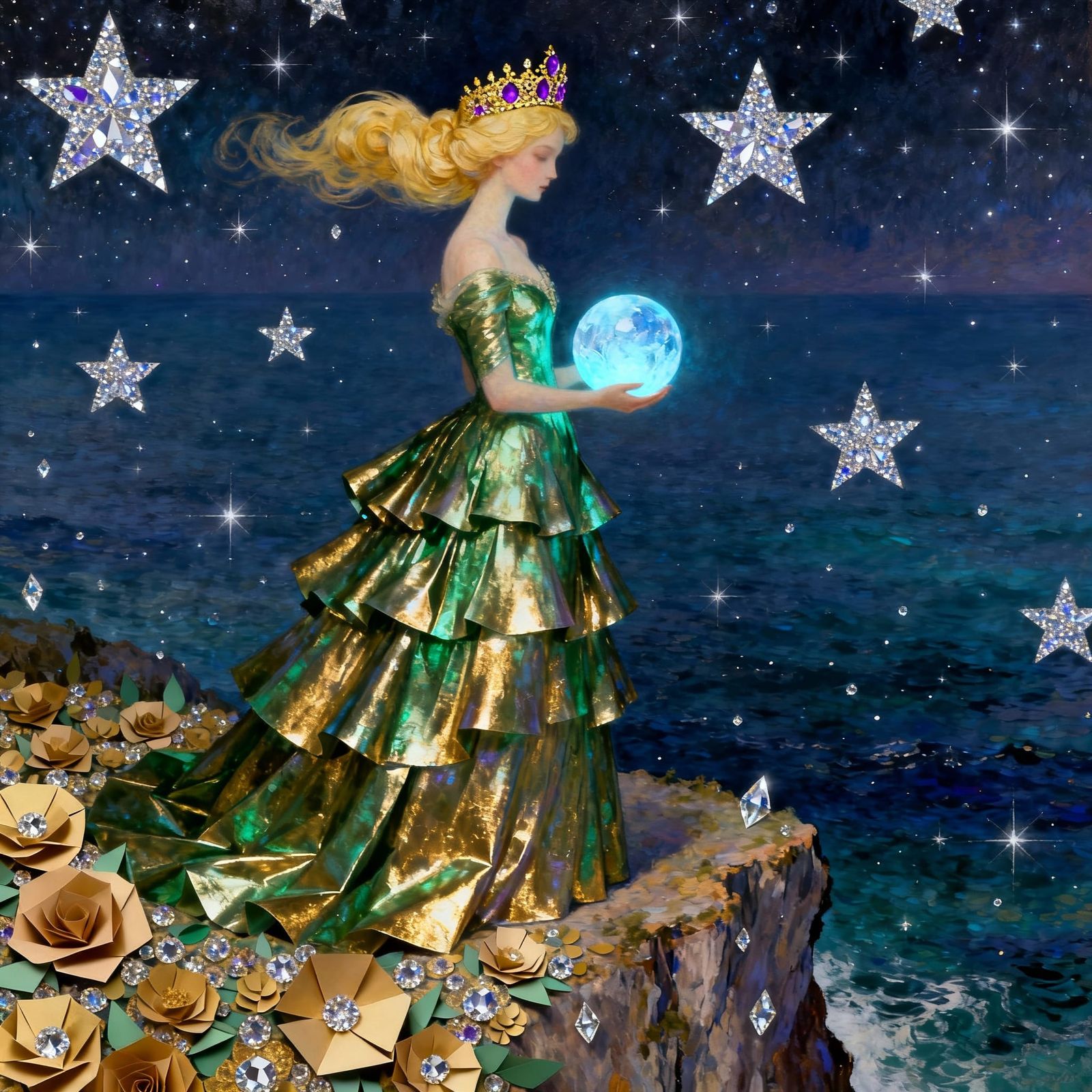 Ethereal Princess on Starlit Ocean Cliff