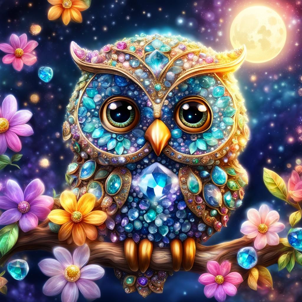 Mystical Bejeweled Owl in a Starry Night