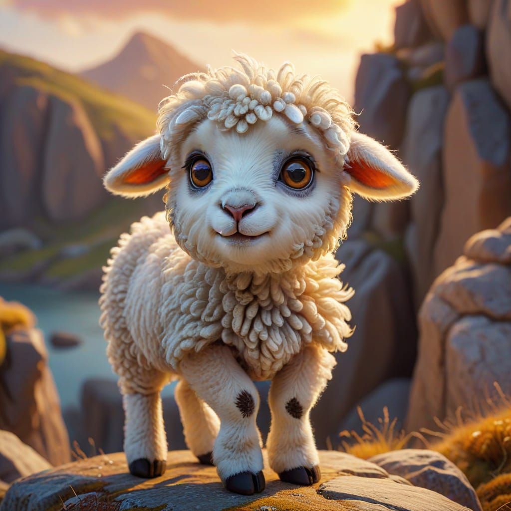 Terrified Cartoon Lamb on a Cliffside