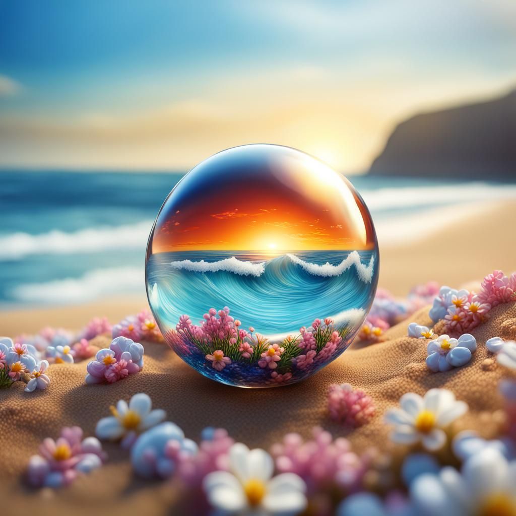 Glass Ball with Flowers on a Cliffside
