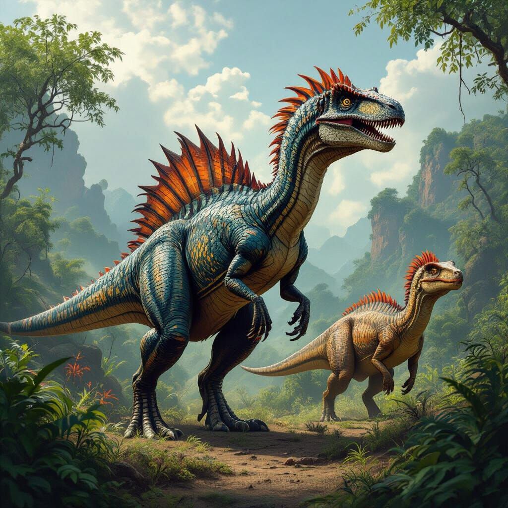 Fierce Hybrid Dinosaur in Prehistoric Landscape