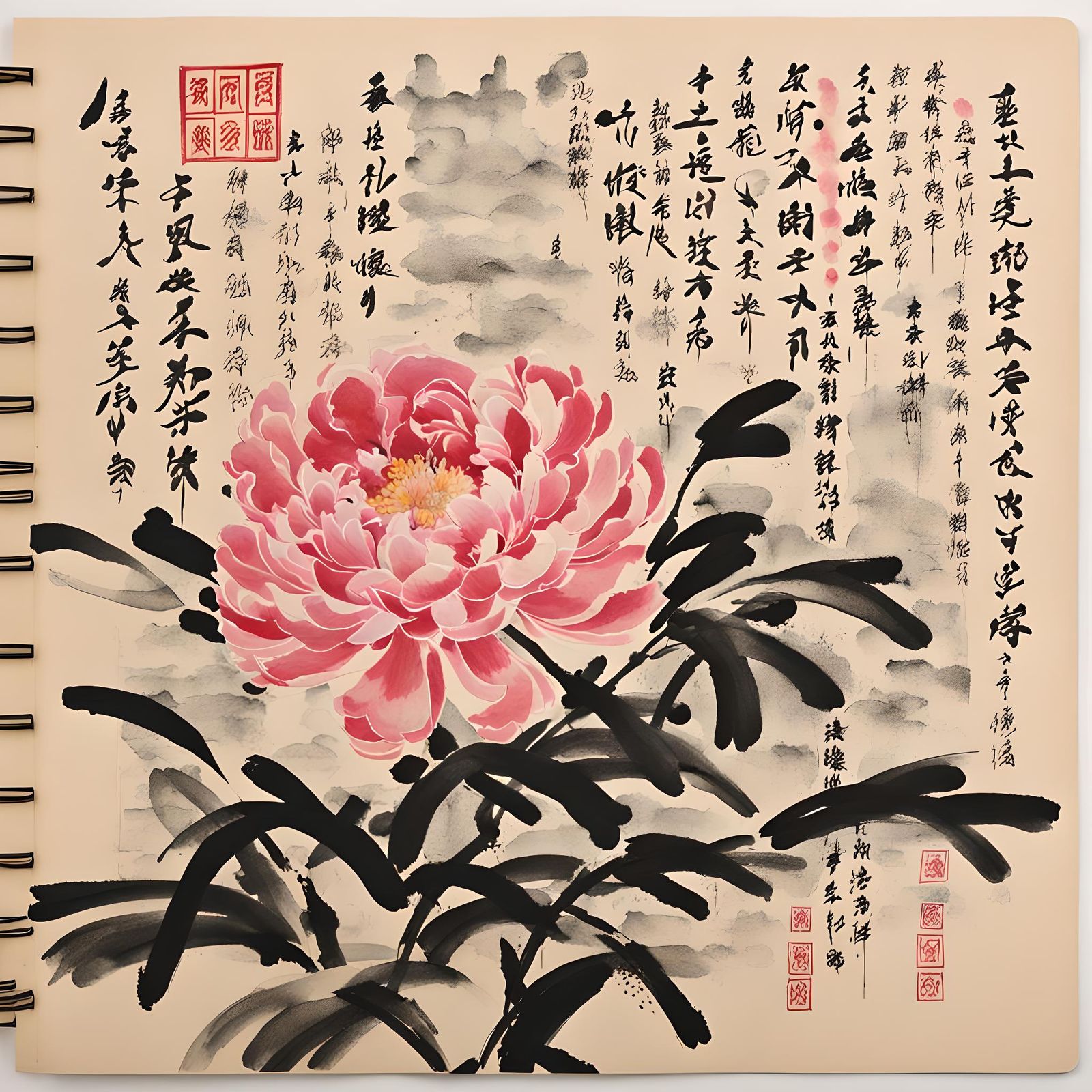 Bold Chinese Calligraphy with Ink Flowers