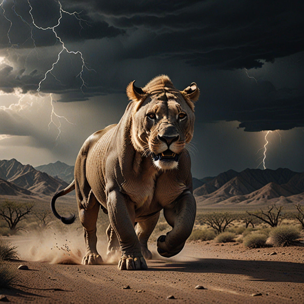 Dramatic Lioness-Rhino Hybrid in Stormy Desert Landscape