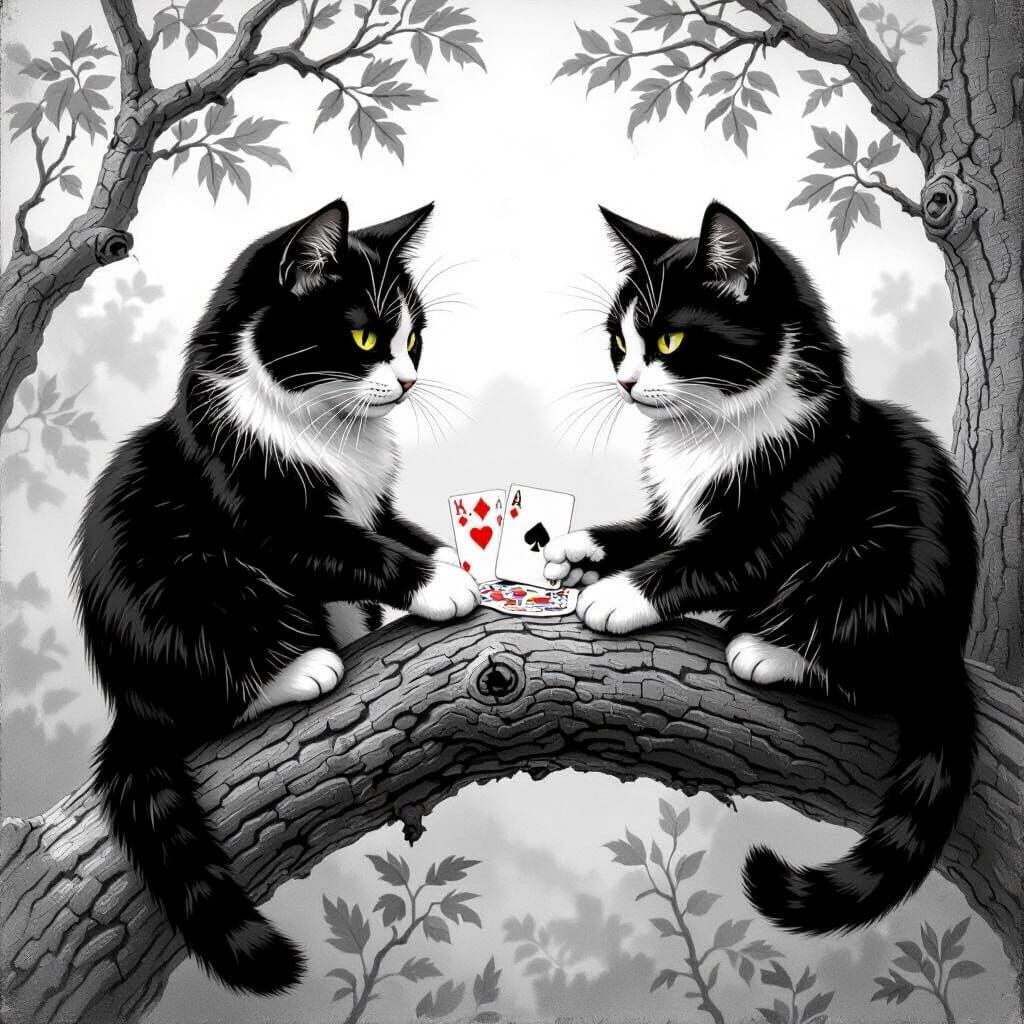 Cats Play Poker on Tree Branch in Black and White