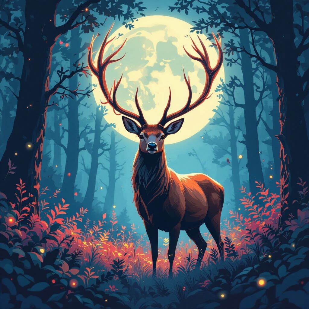 Mystical Deer with Ethereal Antlers in Dreamy Forest