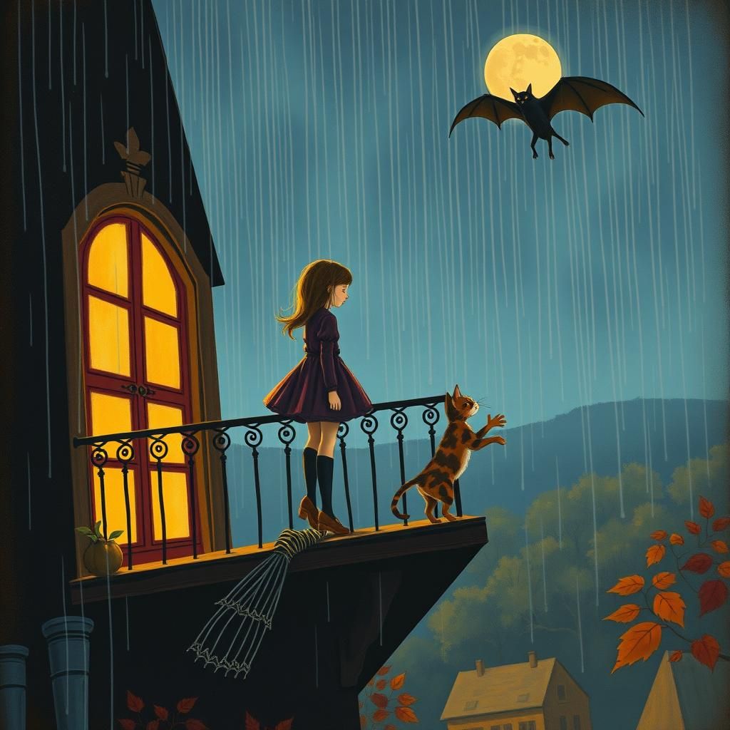 Pop Surrealist Girl in Rain with Bat and Cat
