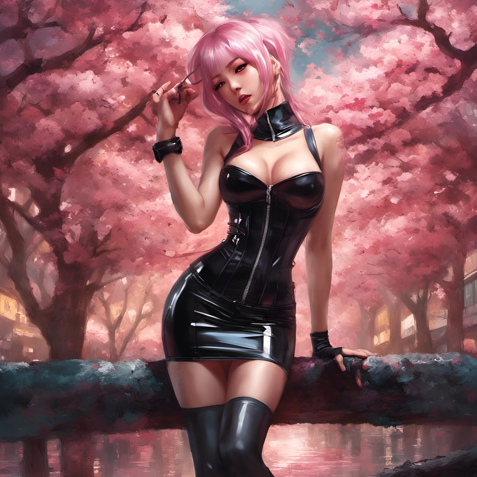 Flirty Latex Sakura: Hyperdetailed Digital Painting