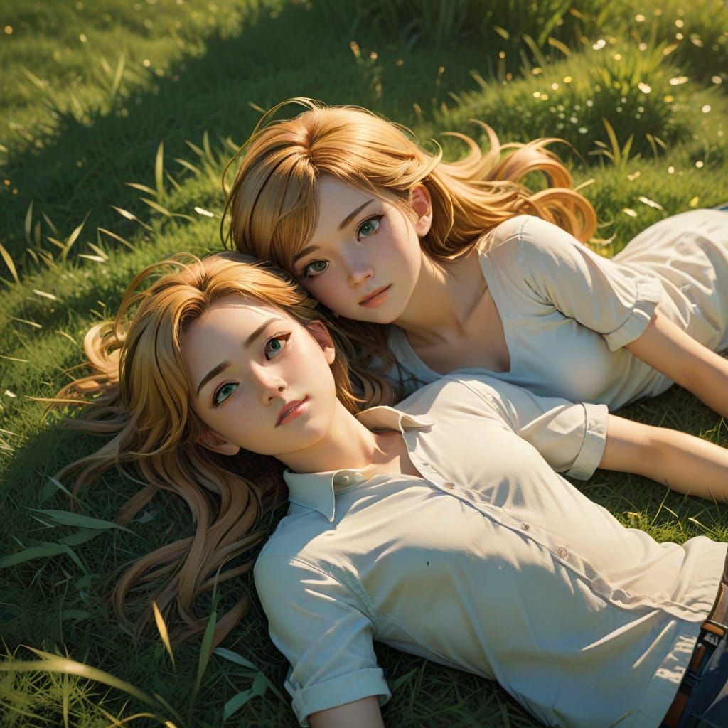 Anime Style Couple Relaxing in Grassy Landscape