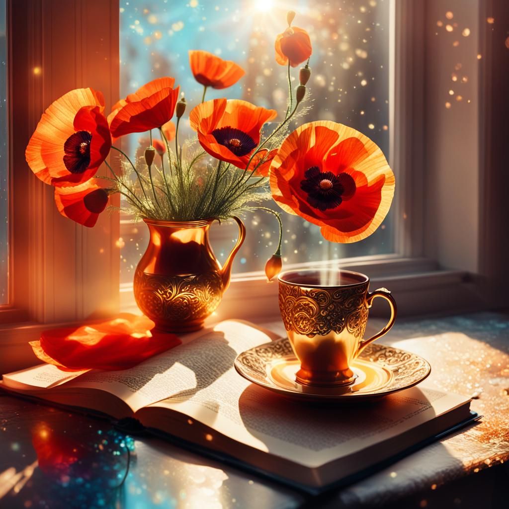 Cosmic Poppies by Window in Holographic Mixed Media