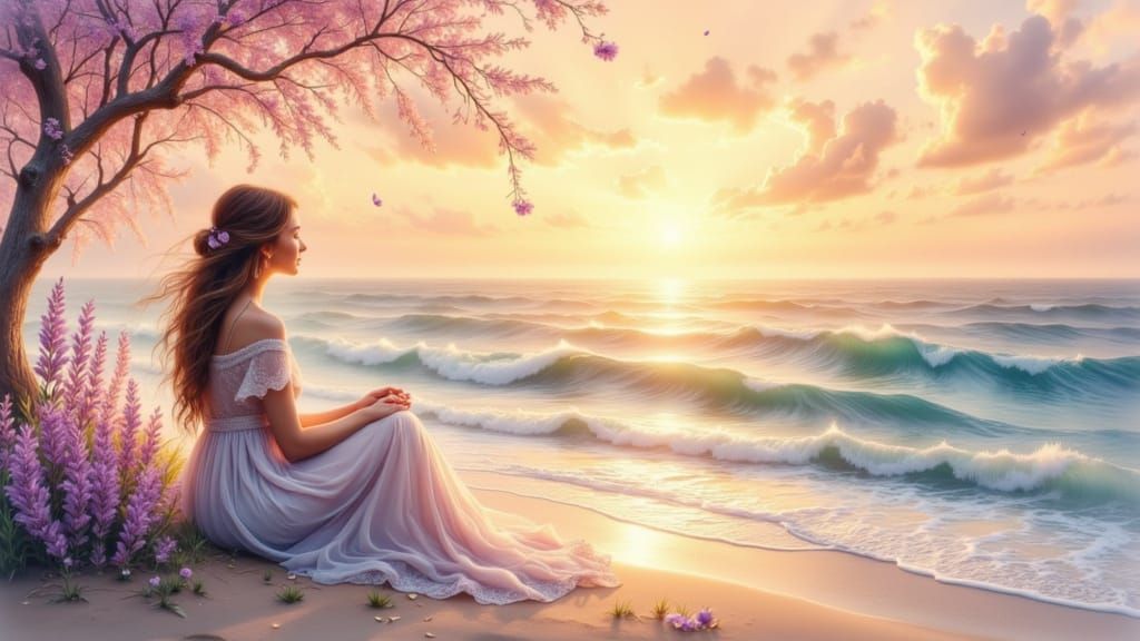 Serene Sunrise Ocean Horizon with Lady and Flowering Trees