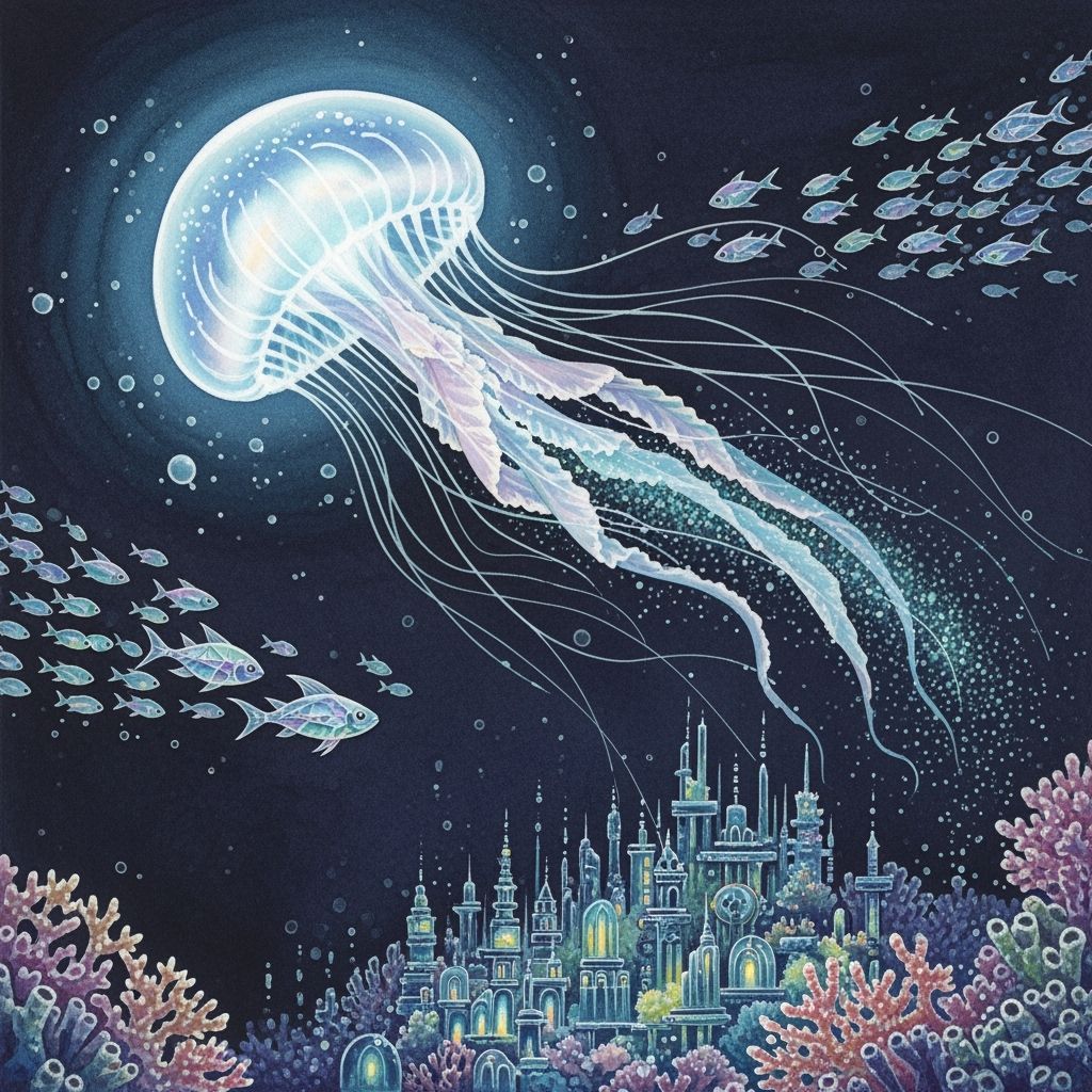Bioluminescent Jellyfish Drifting in Alien Ocean, Watercolor...