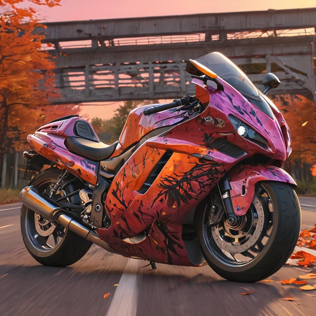 Motorcycle Rides Into Halloween Sunset: Anime Concept Art