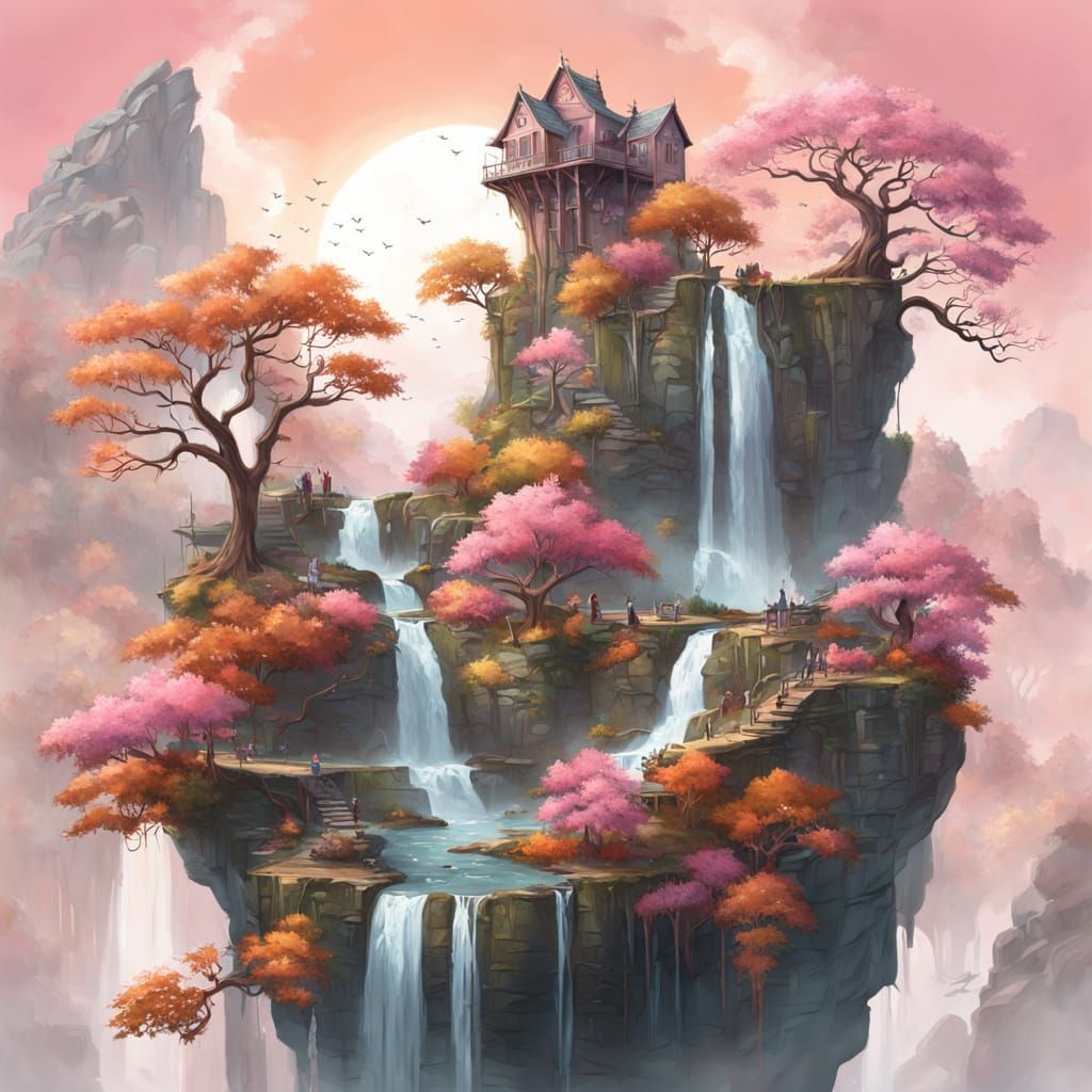 Surreal Pink Autumn Waterfall in Eerie Digital Painting Styl...