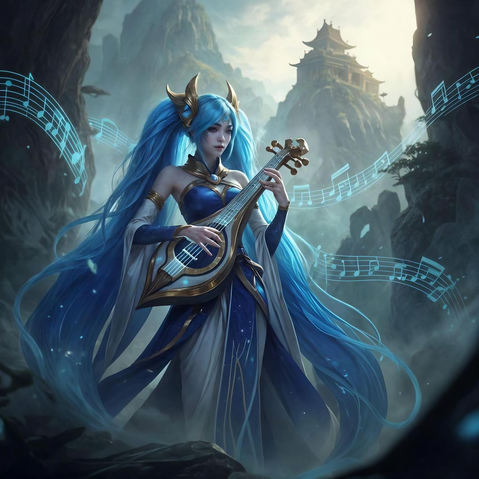 Ethereal Musician Amidst Misty Mountains