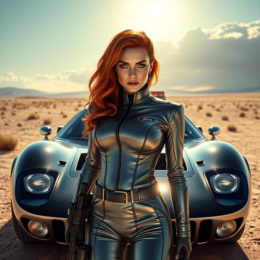 Futuristic Redhead Cop in Desert Landscape