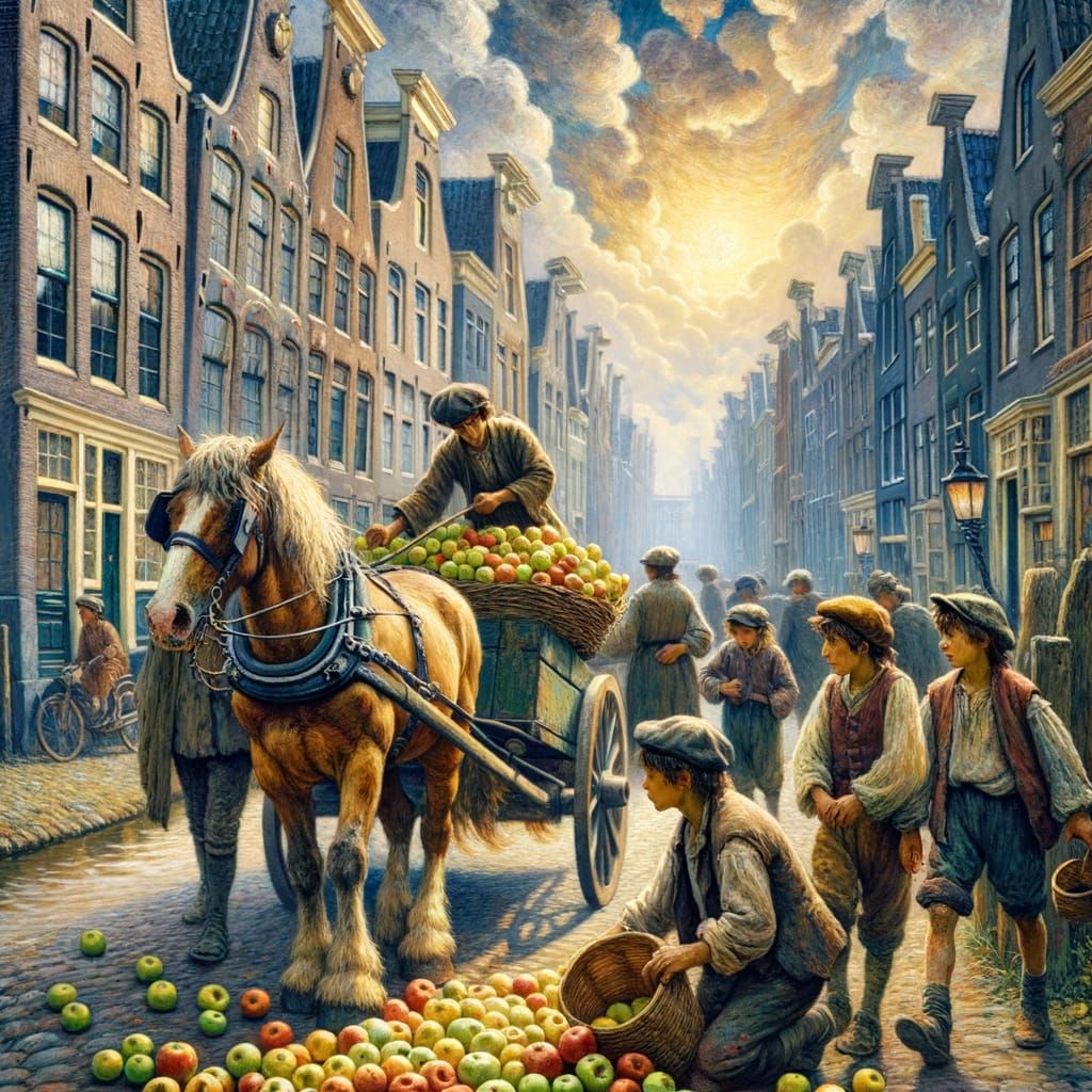 Neo-Expressionist Amsterdam Scene: Whimsical Apple Harvest