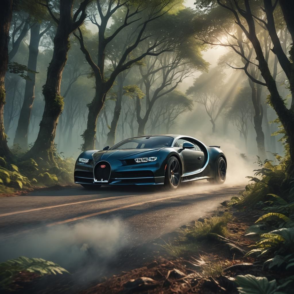 Bugatti Chiron Speeding Through Mystical Forest