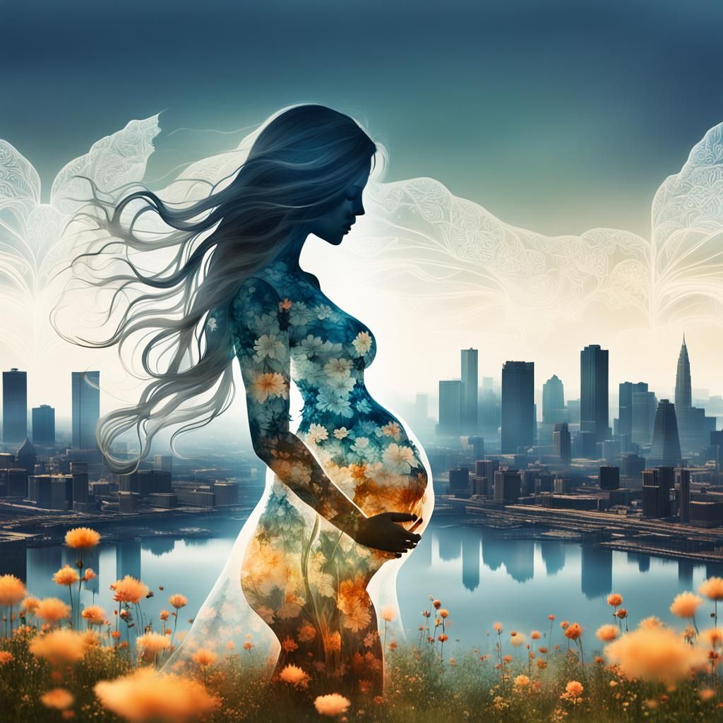 Translucent Pregnant Woman with Floral Landscape
