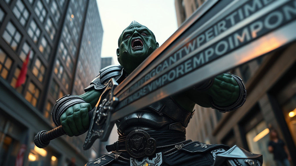 Angry Pickle Bodybuilder with Broadsword at Dawn