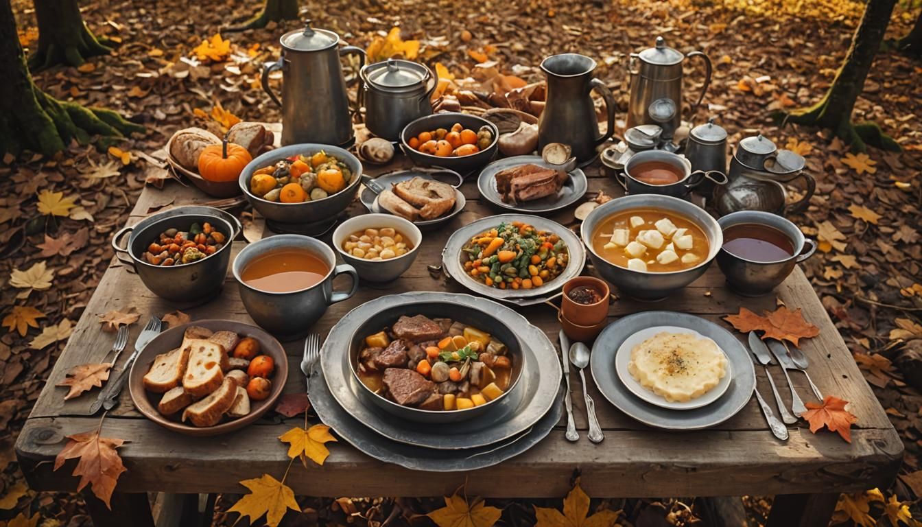 Autumnal Still Life with Rustic Feast in Forest