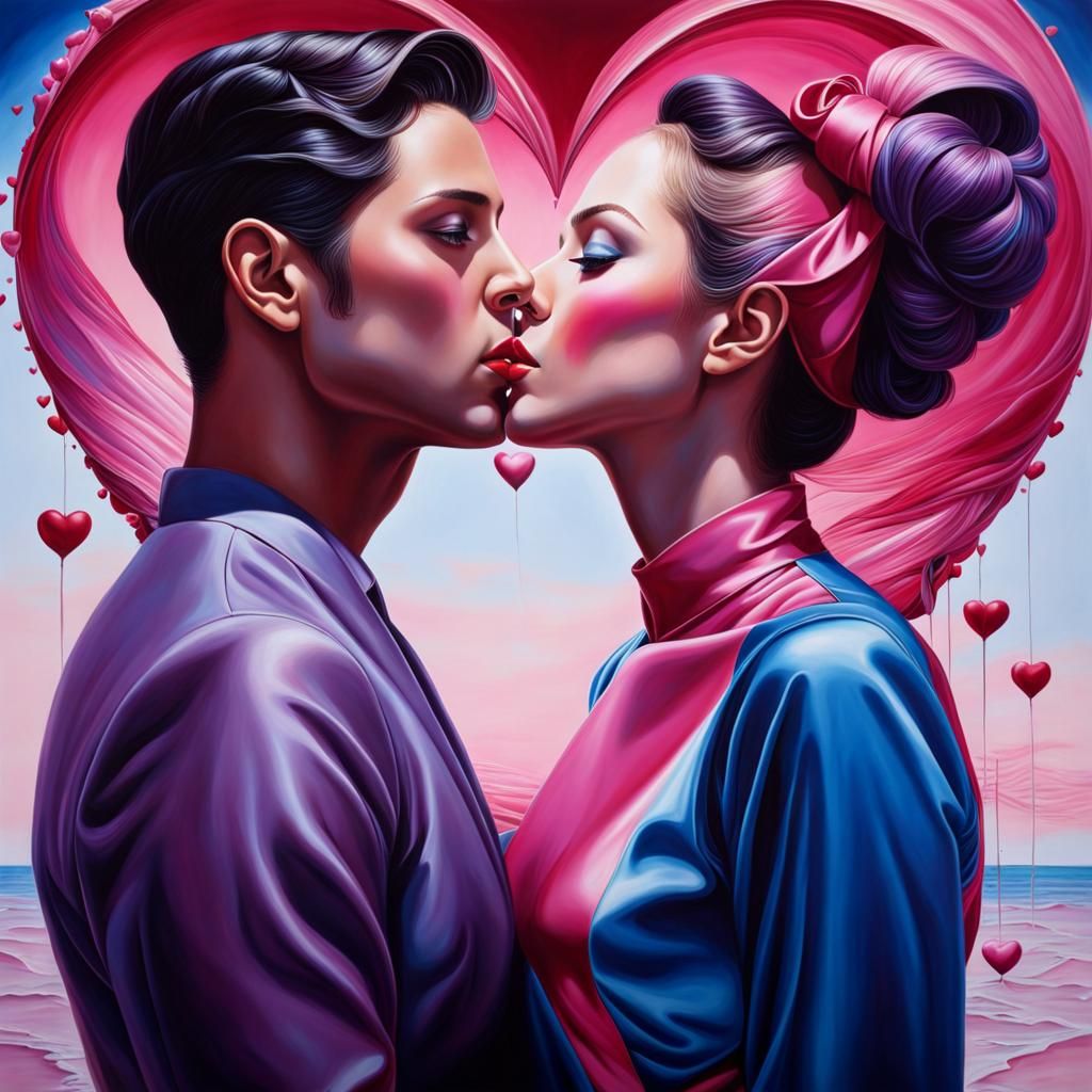 falling in love with art, a surreal artist paints images of a couple in  love, shades of pink, purple, blue, red and bla...