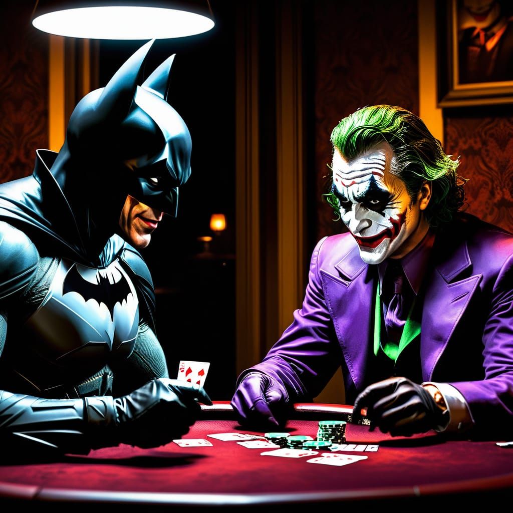 Batman and Joker Play Poker in Dark Comic Art Style