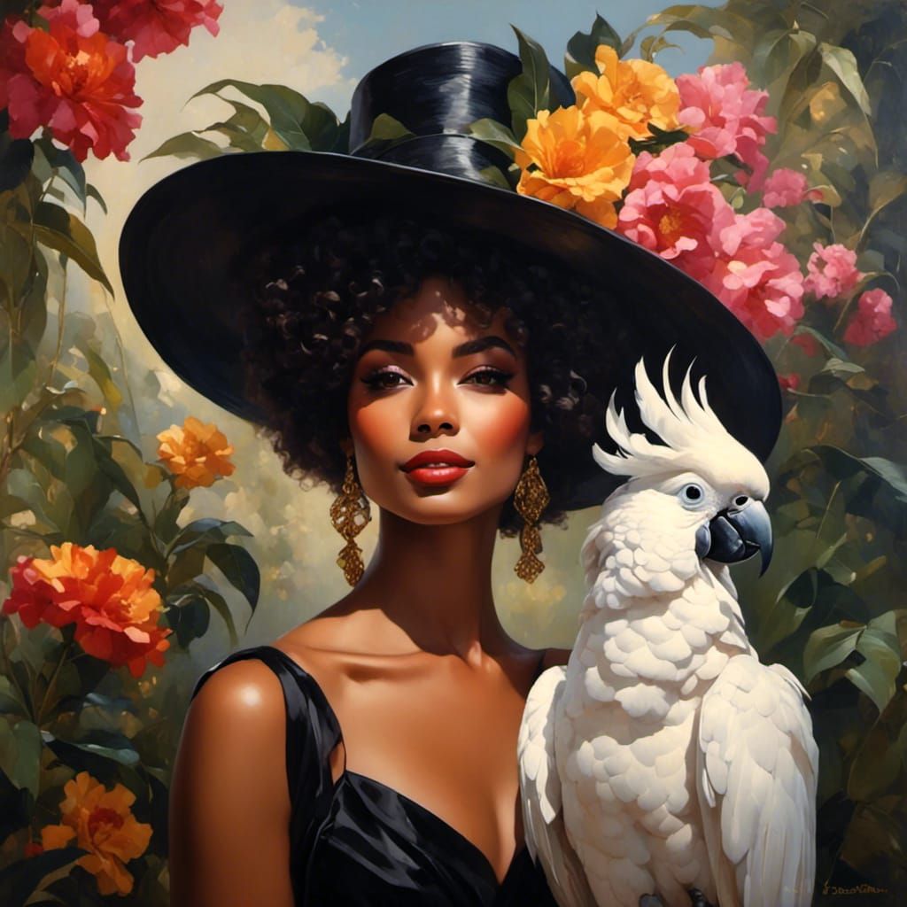 Beautiful Black Woman with Cockatoo and Flowers