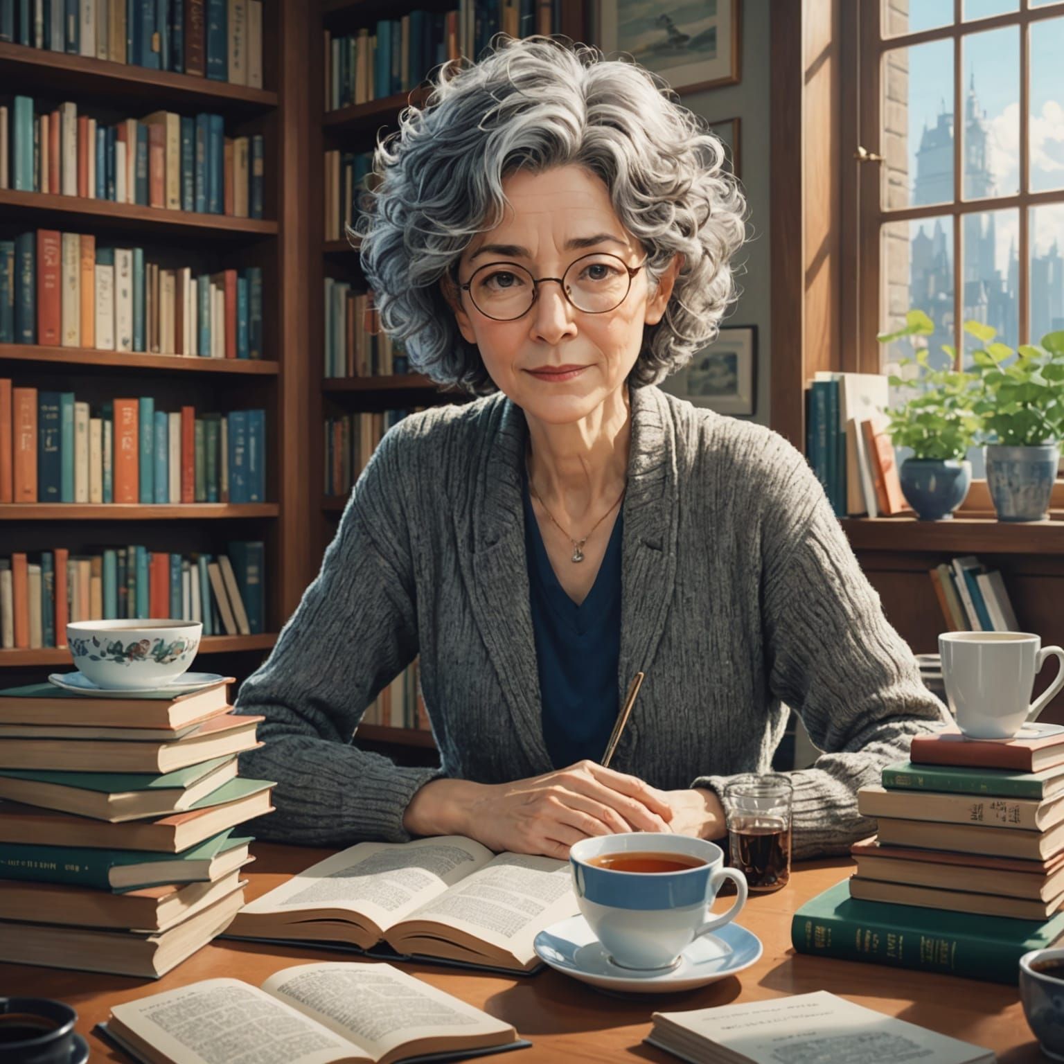 Grey-Haired Woman and Tabby in Studio Ghibli Style