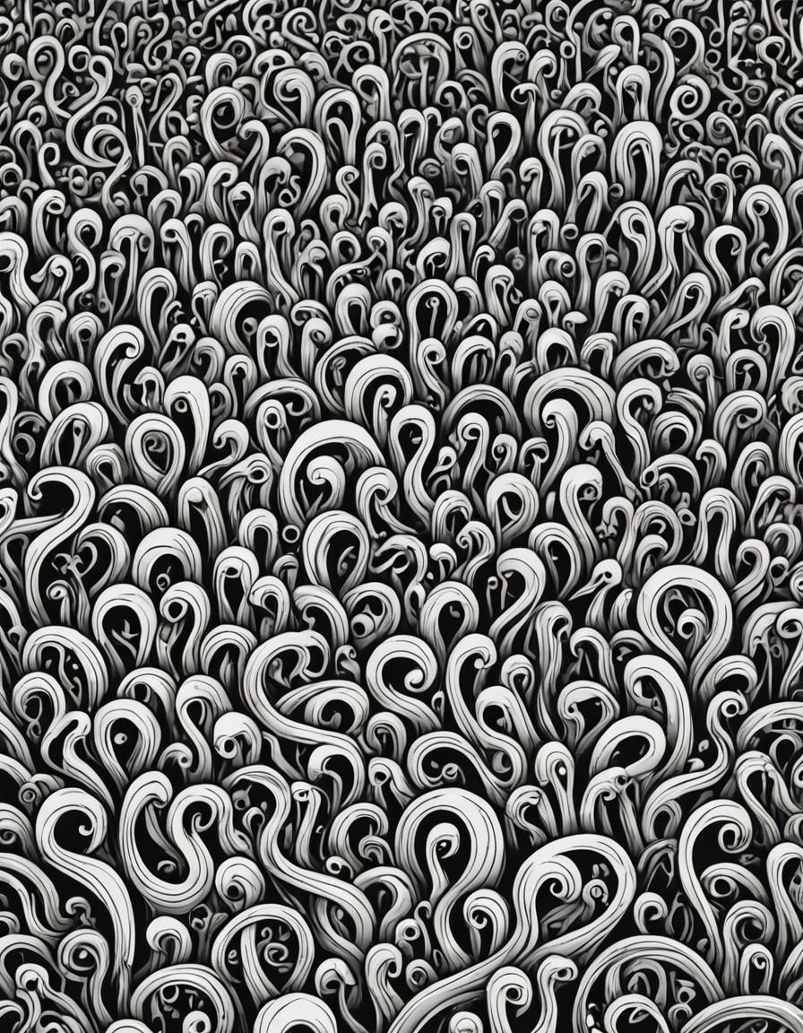 A complex sketchy three dimensional black and white single line representing a crowd of underworld feeric creatures intr...