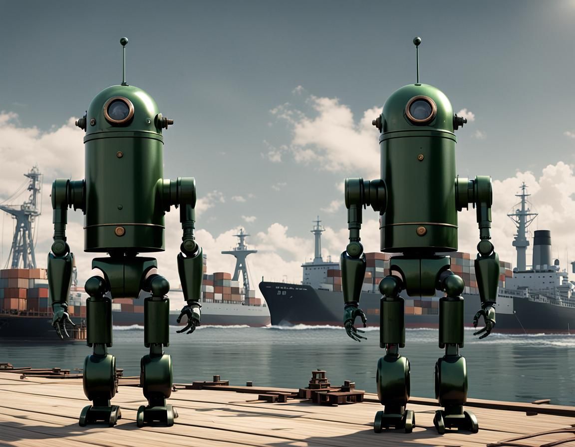 Dieselpunk Robot at Shipping Dock, Hyperdetailed Concept Art