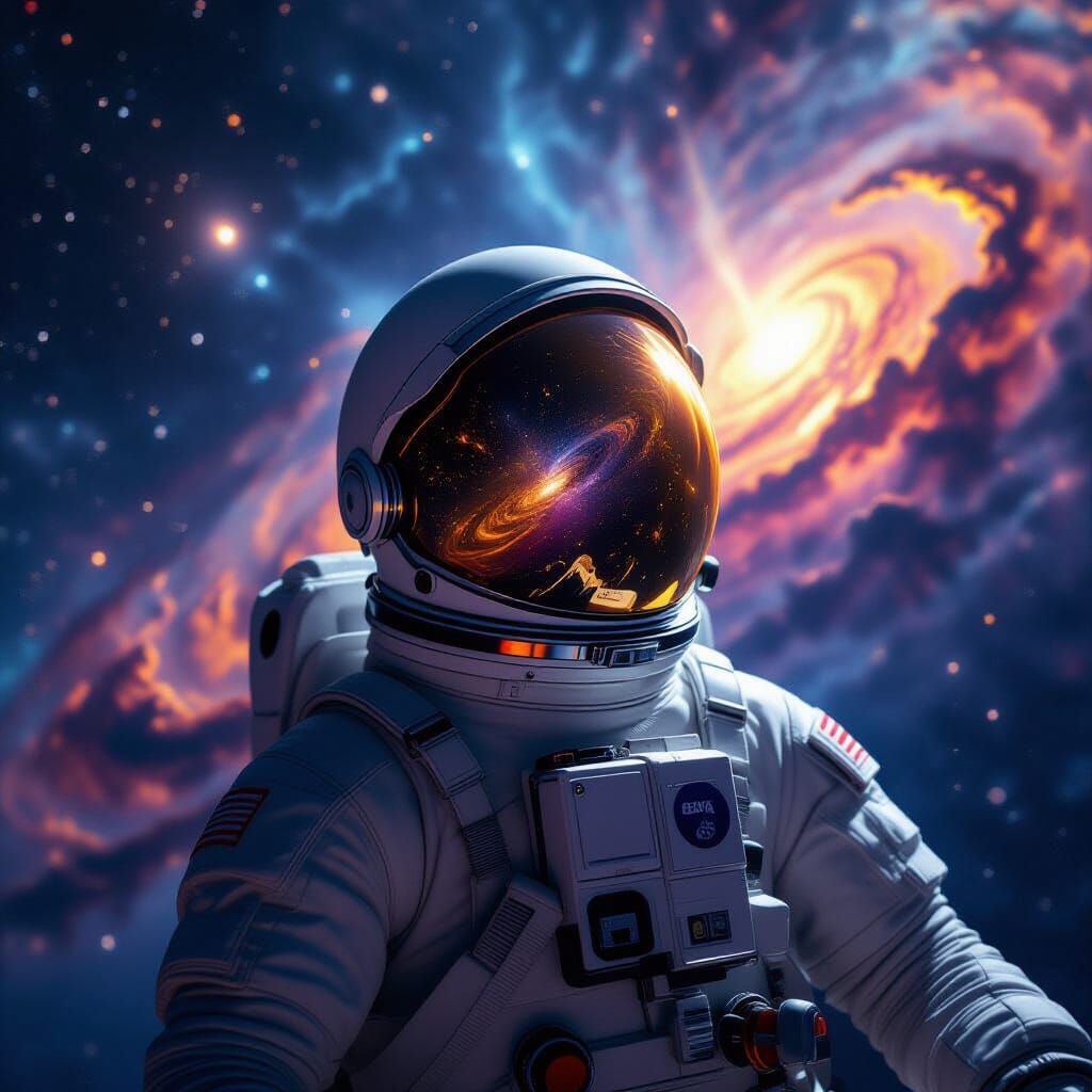 Astronaut Adrift in Cosmic Sea, Helmet Reflects Alien World