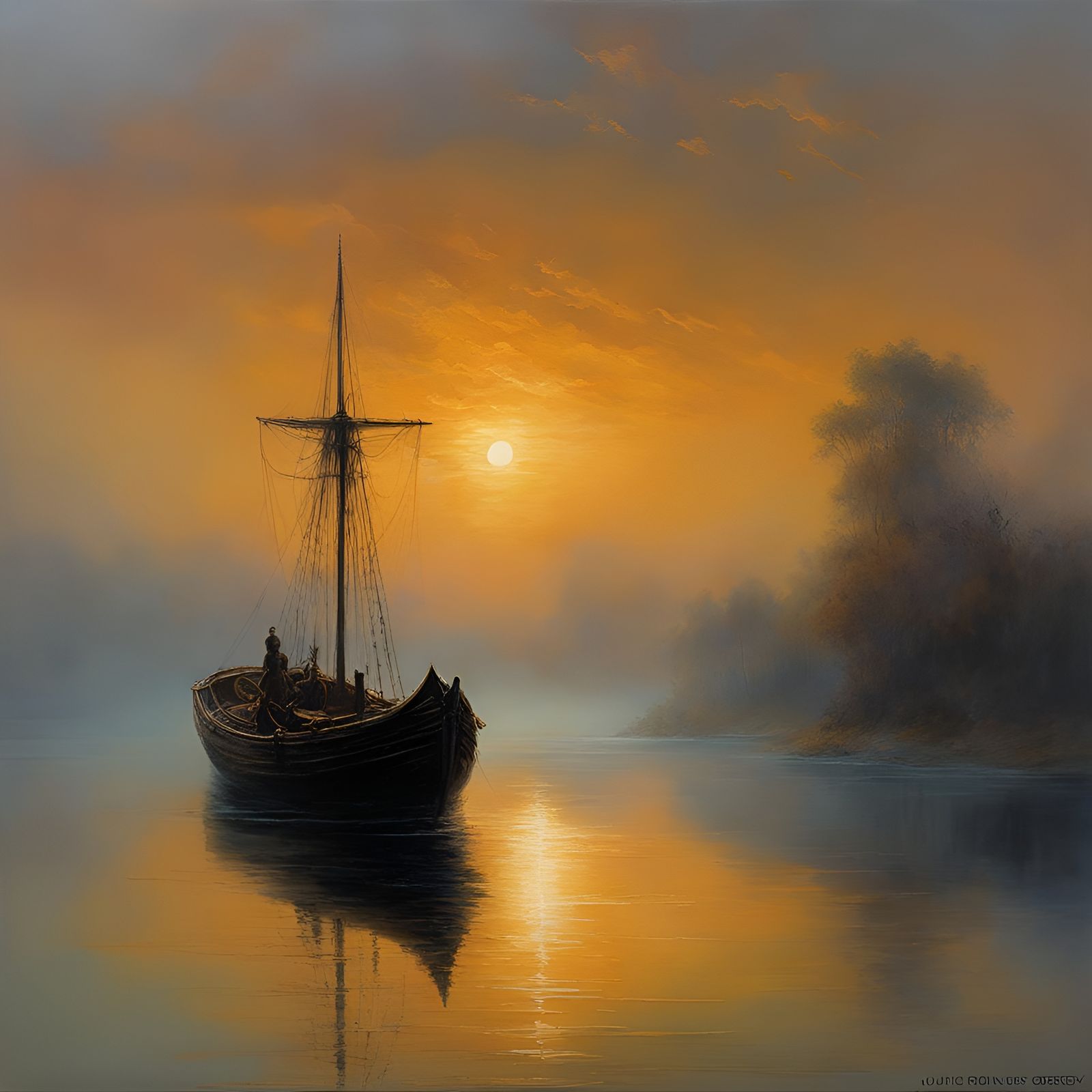 Misty Boat on Water in Atmospheric Dreamscape
