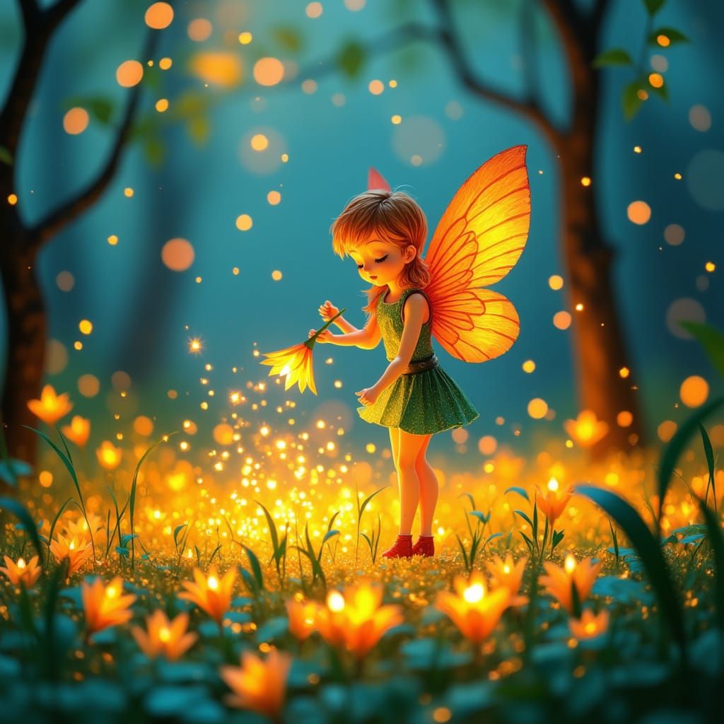 Whimsical Pixie Tending Glowing Lilies in Paper Forest