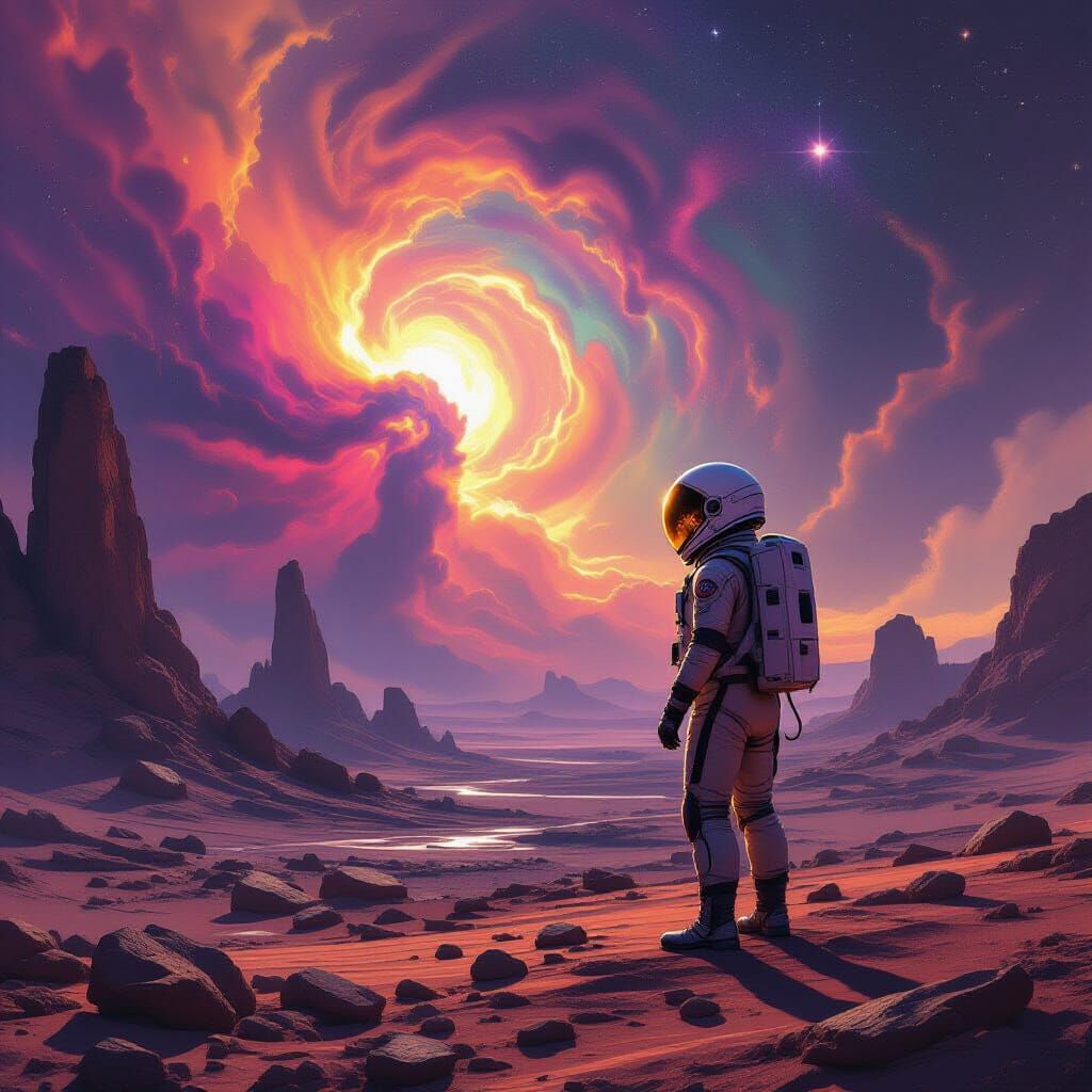 Astronaut on Alien Planet Reflecting Nebula in Ruins