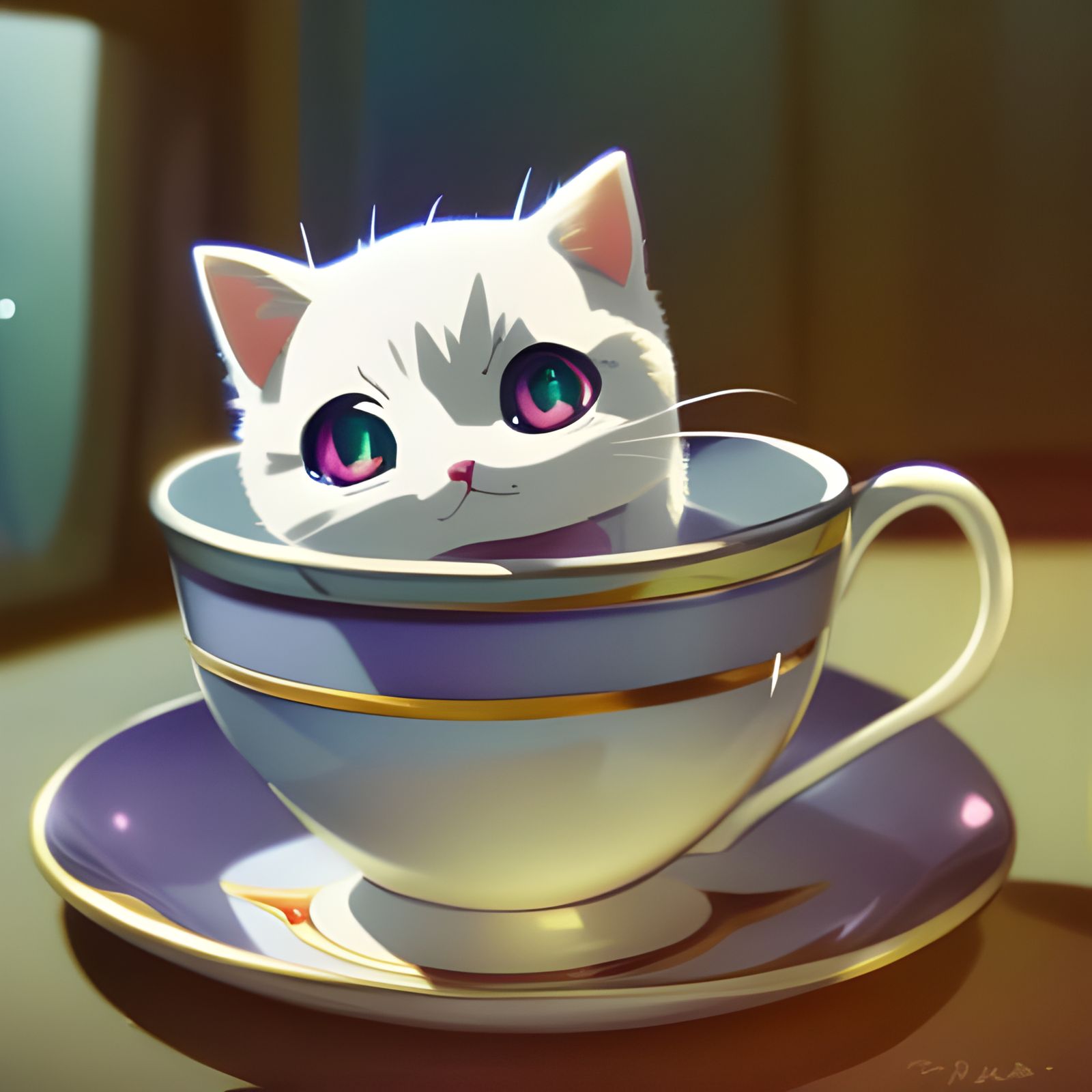 Cute Kitten in Teacup: Anime Style Artwork