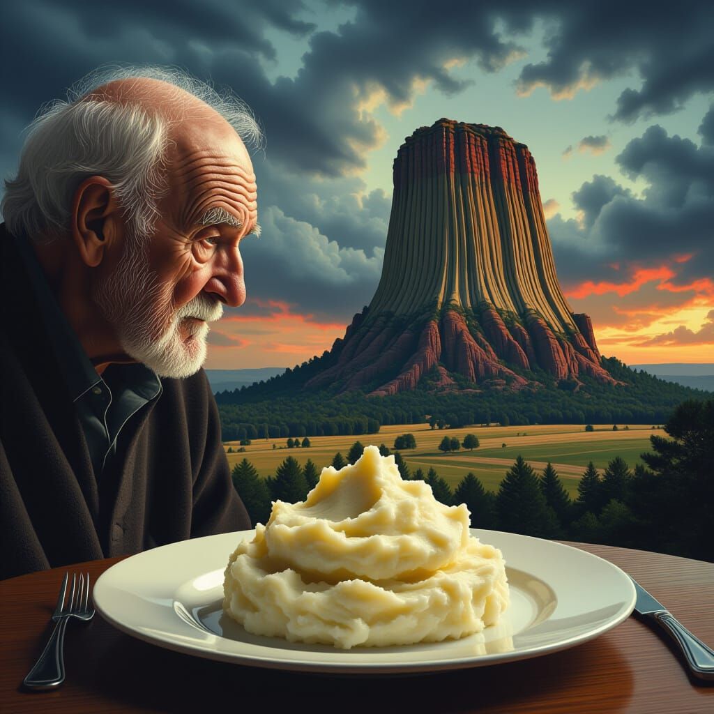 Man Gazes at Devil's Tower Mashed Potatoes