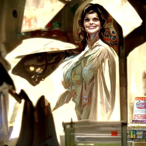 Stepford Wife in Supermarket, Naive Art Style