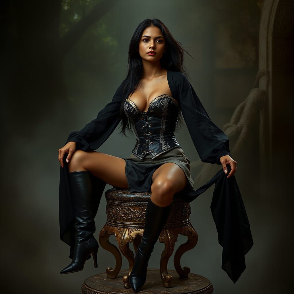 Nepali Woman in Leather Corset in Gothic Ruins