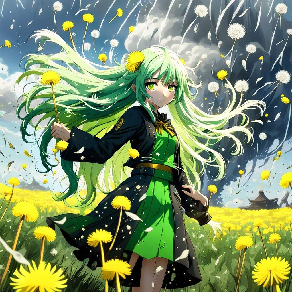 Anime Girl in Dandelion Seed Tornado, Digital Art