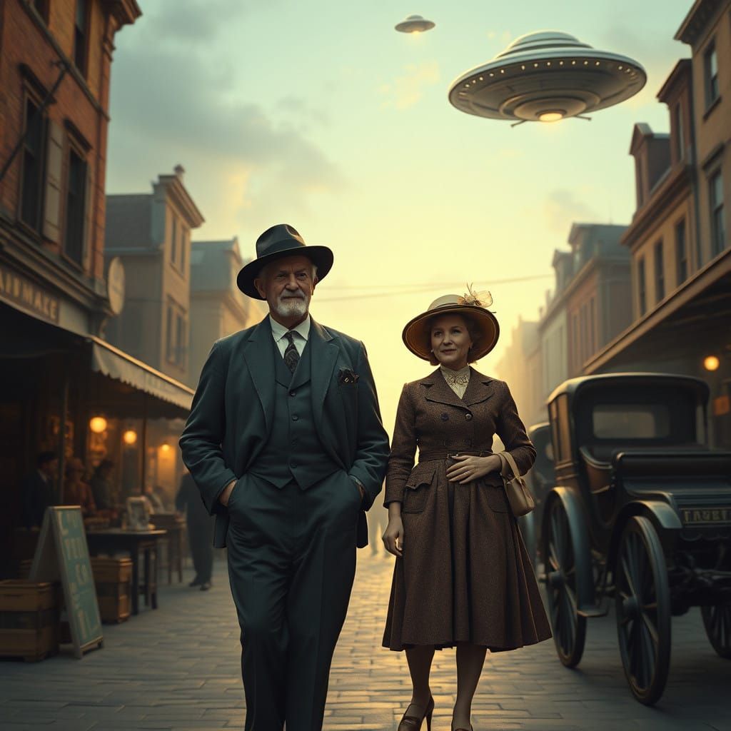Early 20th-Century Market Scene Unfolds with Mysterious UFO....