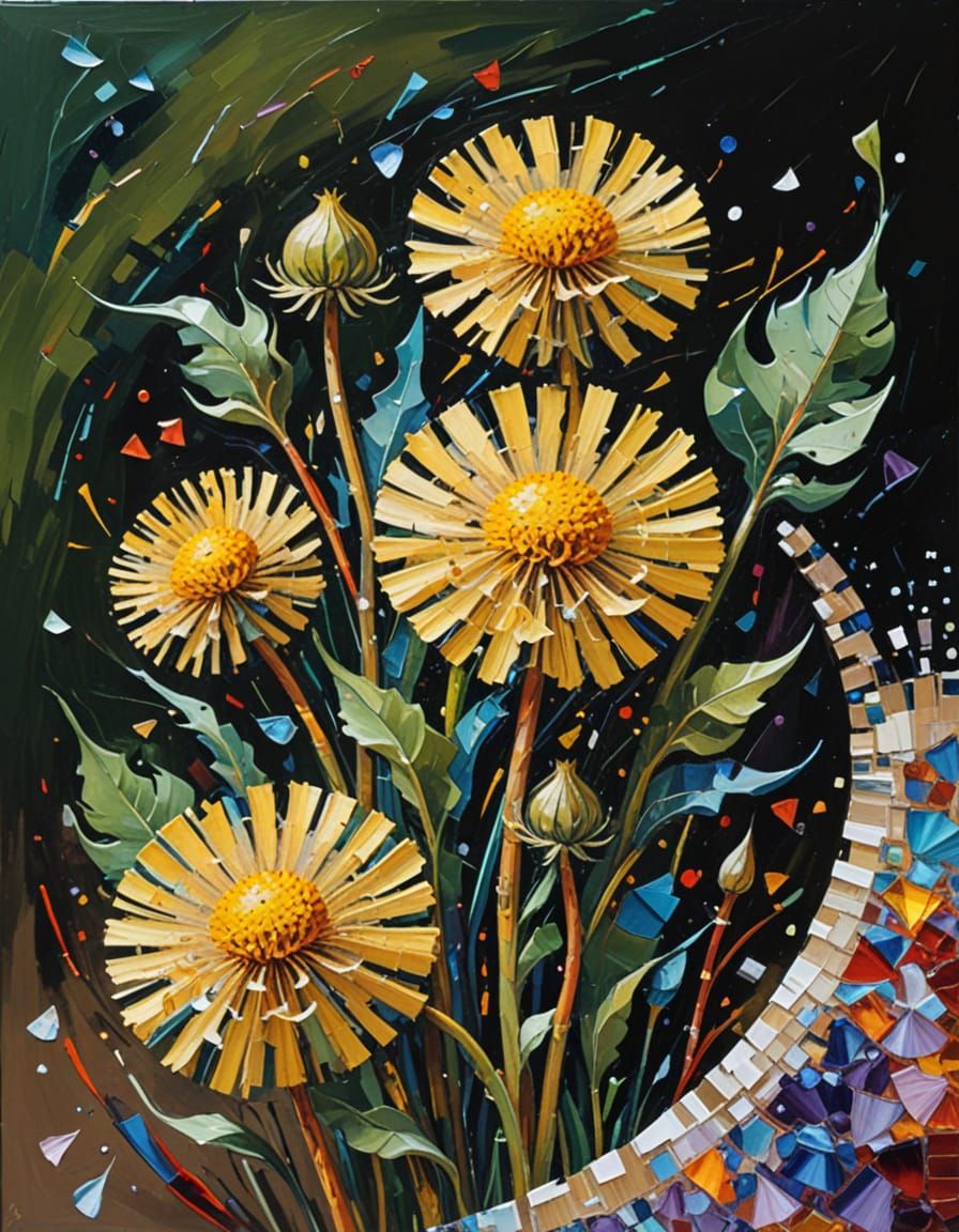 (dandelions:1.5), Leonid Afremov and Gerrit van Honthorst, silver dominant, hues of ocher, carmine, malachite, opal, azu...