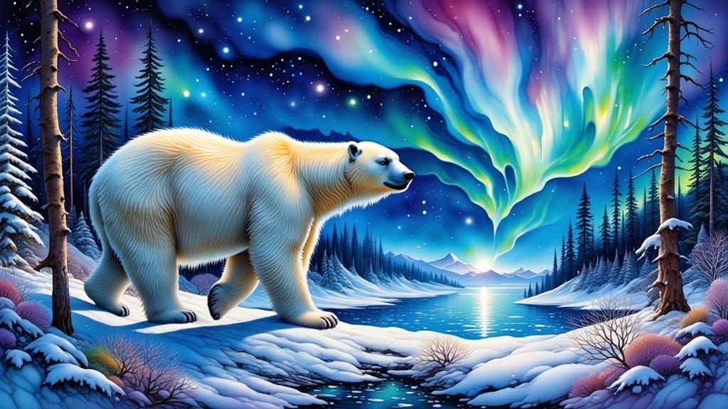 Majestic Polar Bear Amidst Vibrant Arctic Aurora