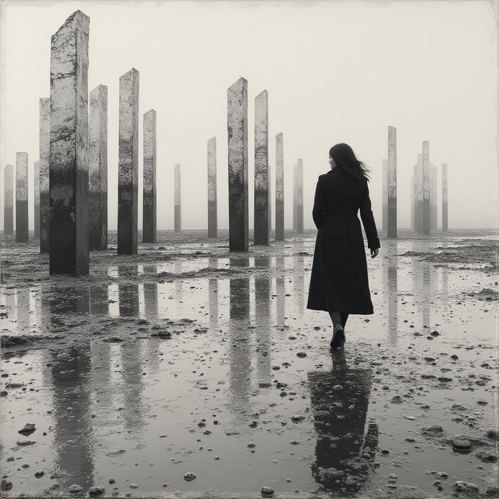 Monochrome Park Scene in Minimalist Style