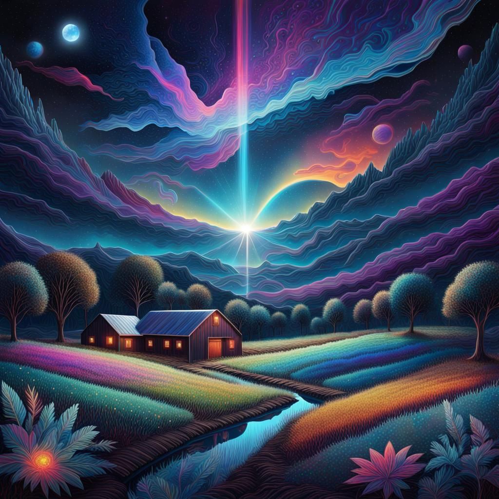 Astral Barndominium Landscape in Mixed Media Style