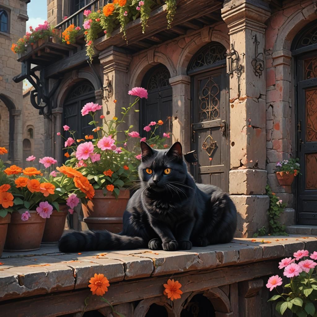 Black Cat and Flowers in Medieval Balcony, Impasto Style