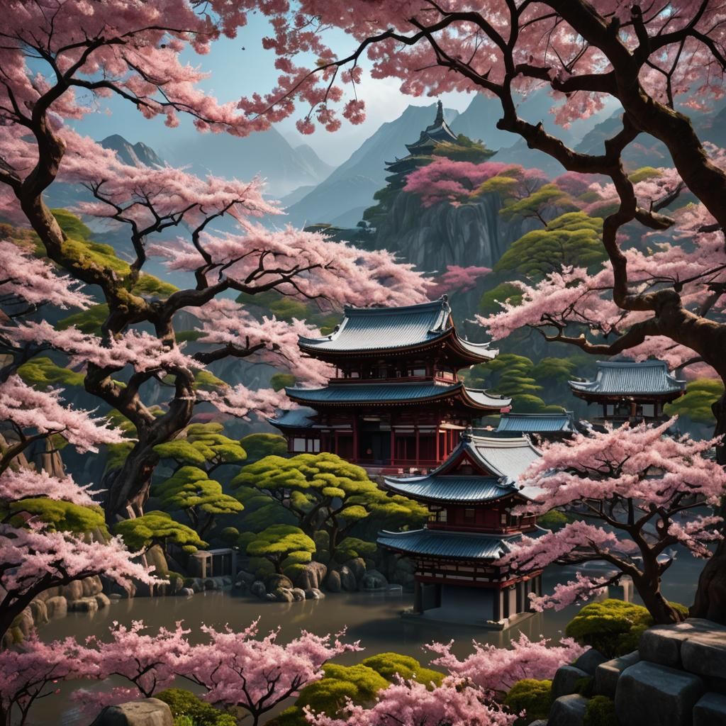 Sakura Tree at Japanese Temple: Fantasy Concept Art