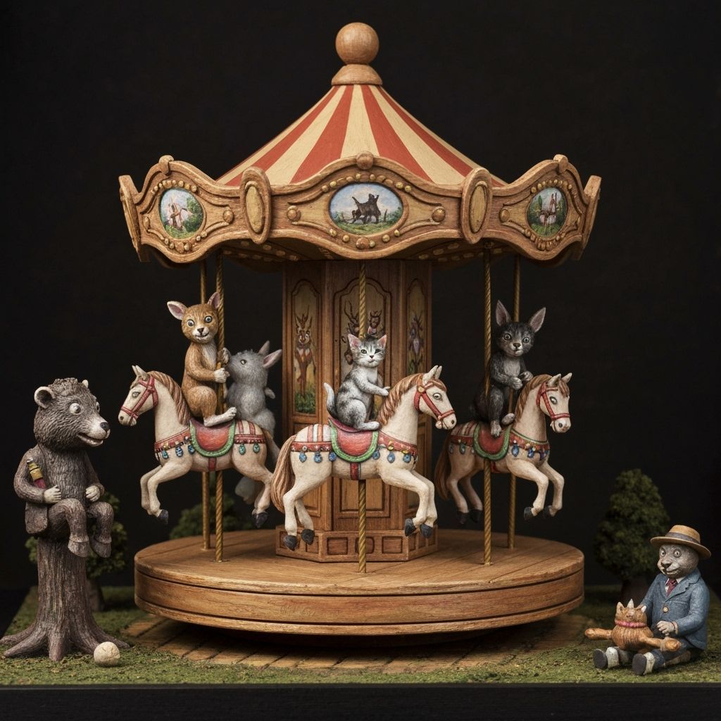Victorian Style Carousel Diorama with Cat and Forest Animals